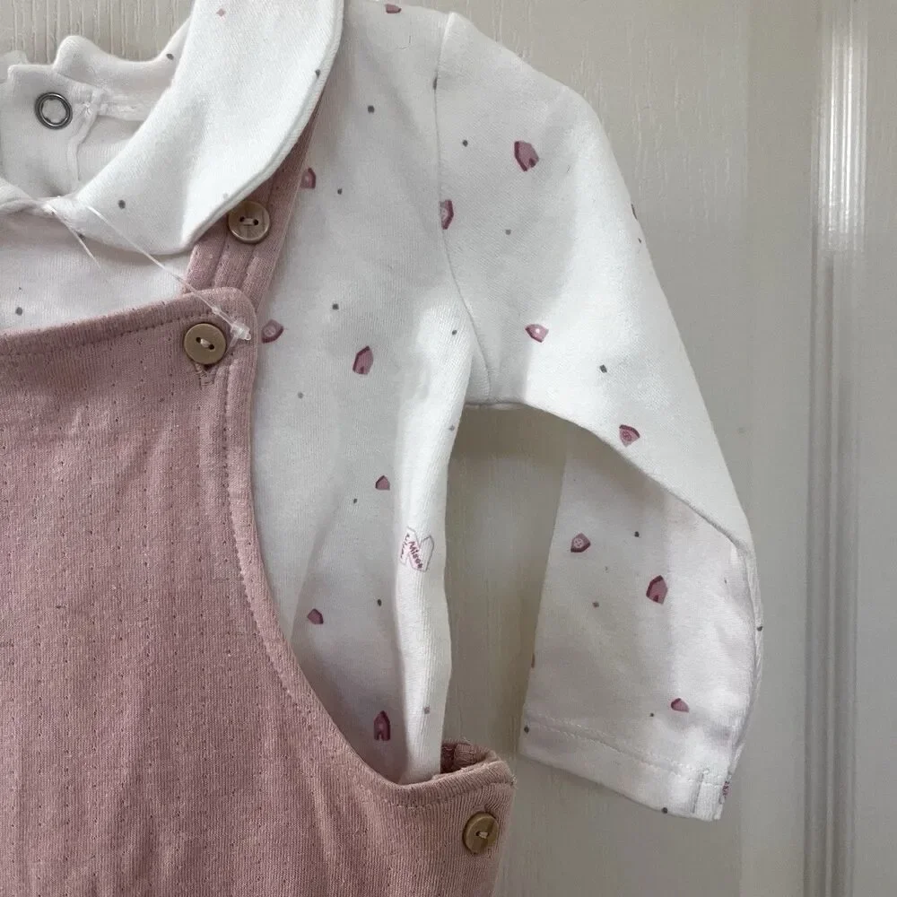 Petite Maison x NONO Pink Overalls and Top 2PC Set Organic Cotton Girls 6 Months